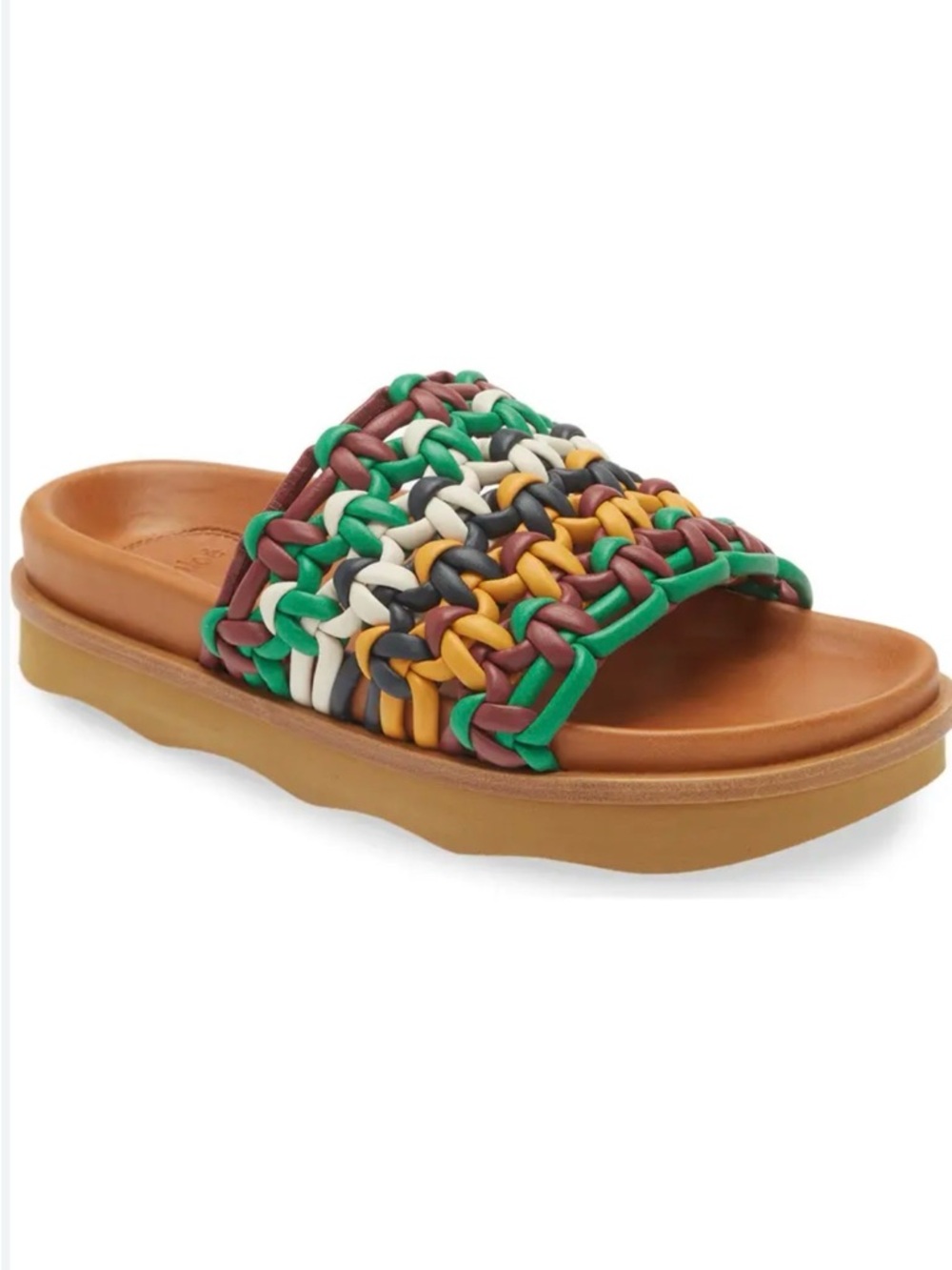 Chloé Wavy Flatform Crochet Leather Tan Slides with Multicolor Braided Straps - Picture 13 of 15